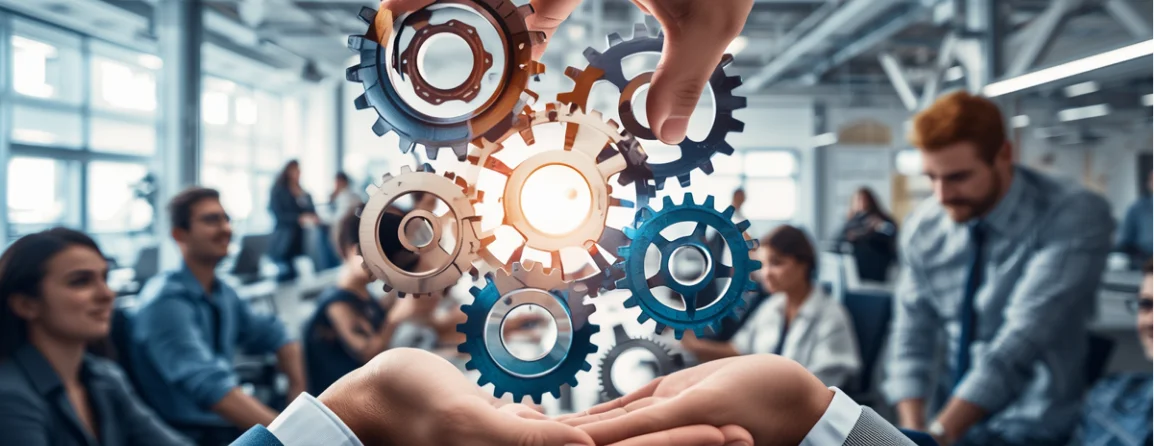 Hands placing gears together to represent business workflow, teamwork, and software process improvement.