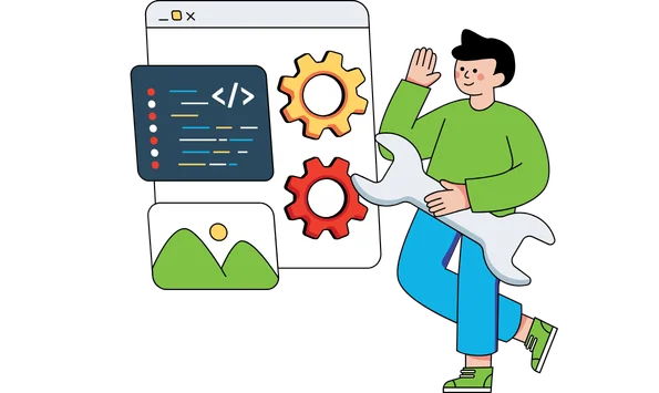 Website maintenance and development illustration with code, settings, and technical support
