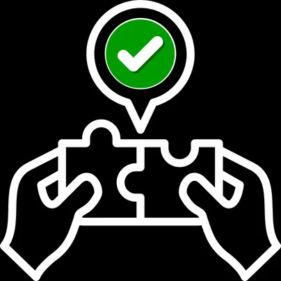 Hands connecting puzzle pieces with a verified icon to show solution planning and business process alignment.