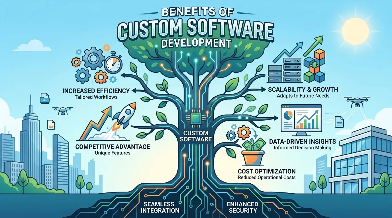 Benefits of custom software development including efficiency scalability security and insights