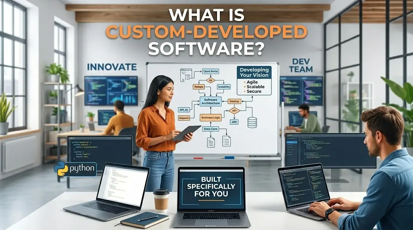 Team planning custom-developed software with architecture and workflow diagrams